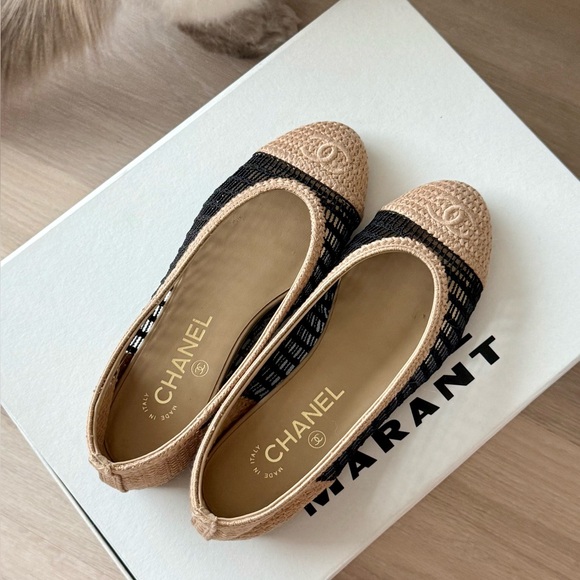 CHANEL ballet flat Raffia Black & Beige - Picture 1 of 8